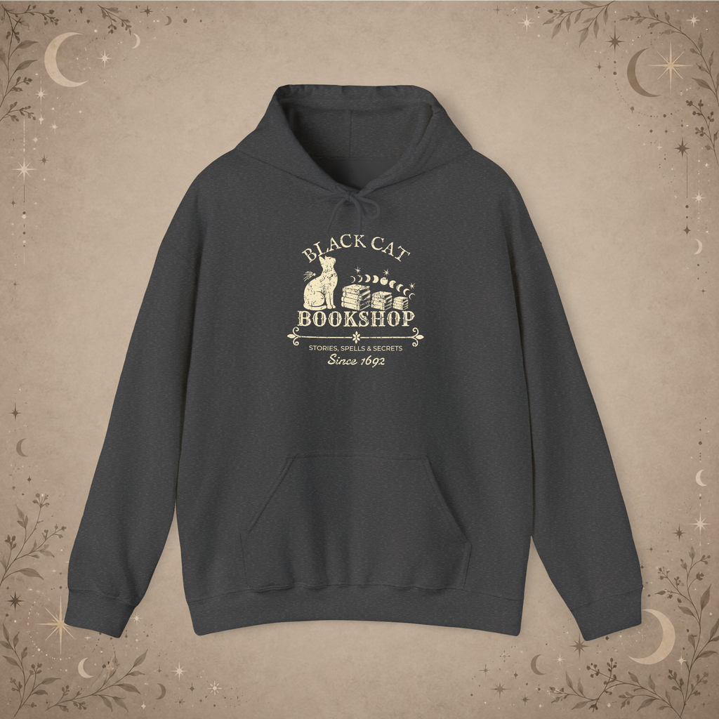 Black Cat Bookshop pullover hoodie in Dark Heather, front view