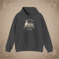 Black Cat Bookshop pullover hoodie in Dark Heather, front view
