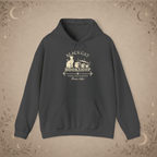 Black Cat Bookshop pullover hoodie in Dark Heather, front view