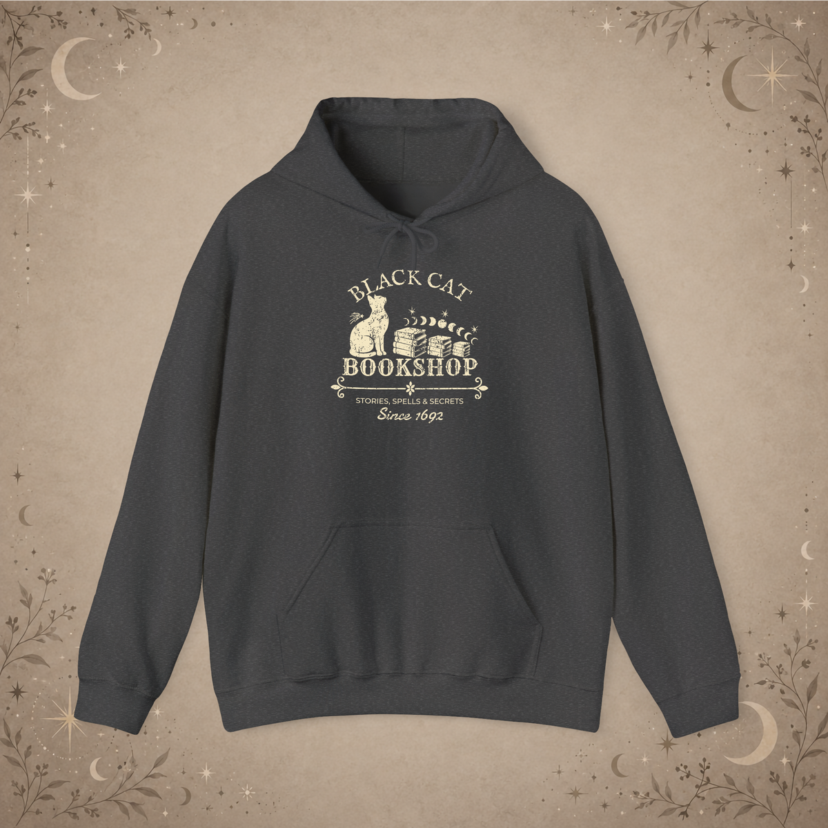 Black Cat Bookshop pullover hoodie in Dark Heather, front view