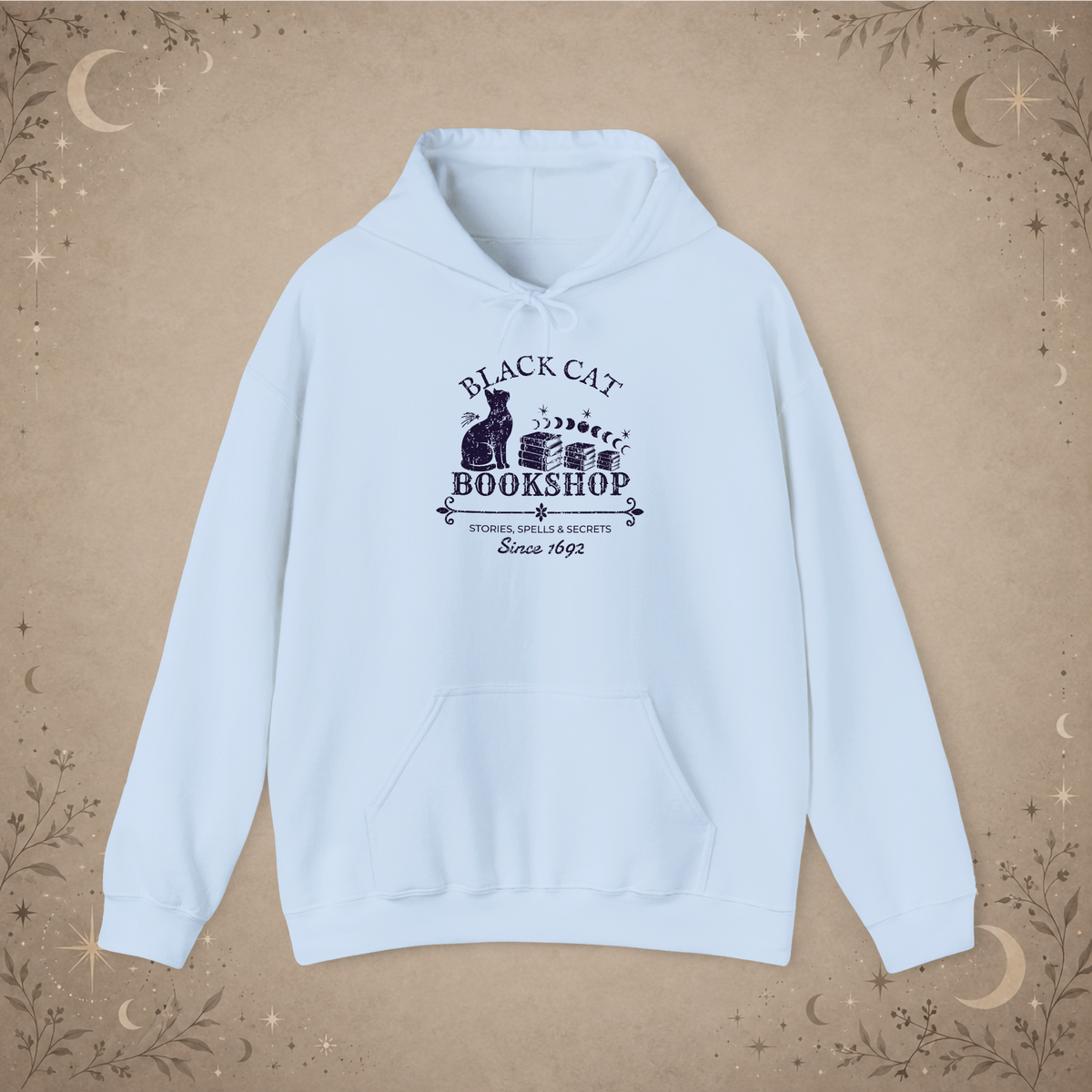 Black Cat Bookshop pullover hoodie in Light Blue, front view
