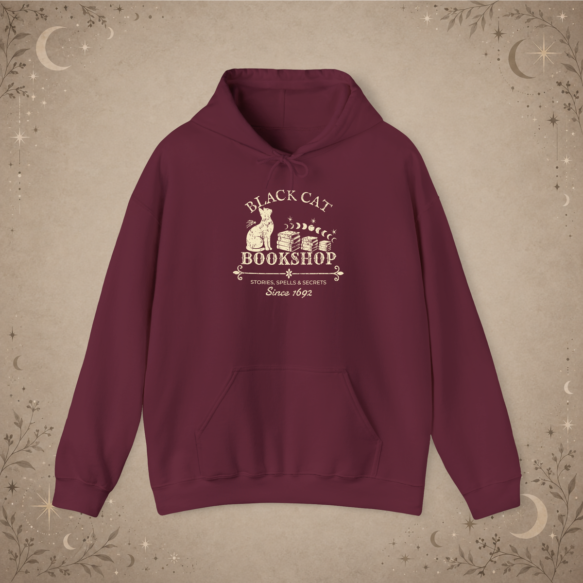 Black Cat Bookshop pullover hoodie in Maroon, front view