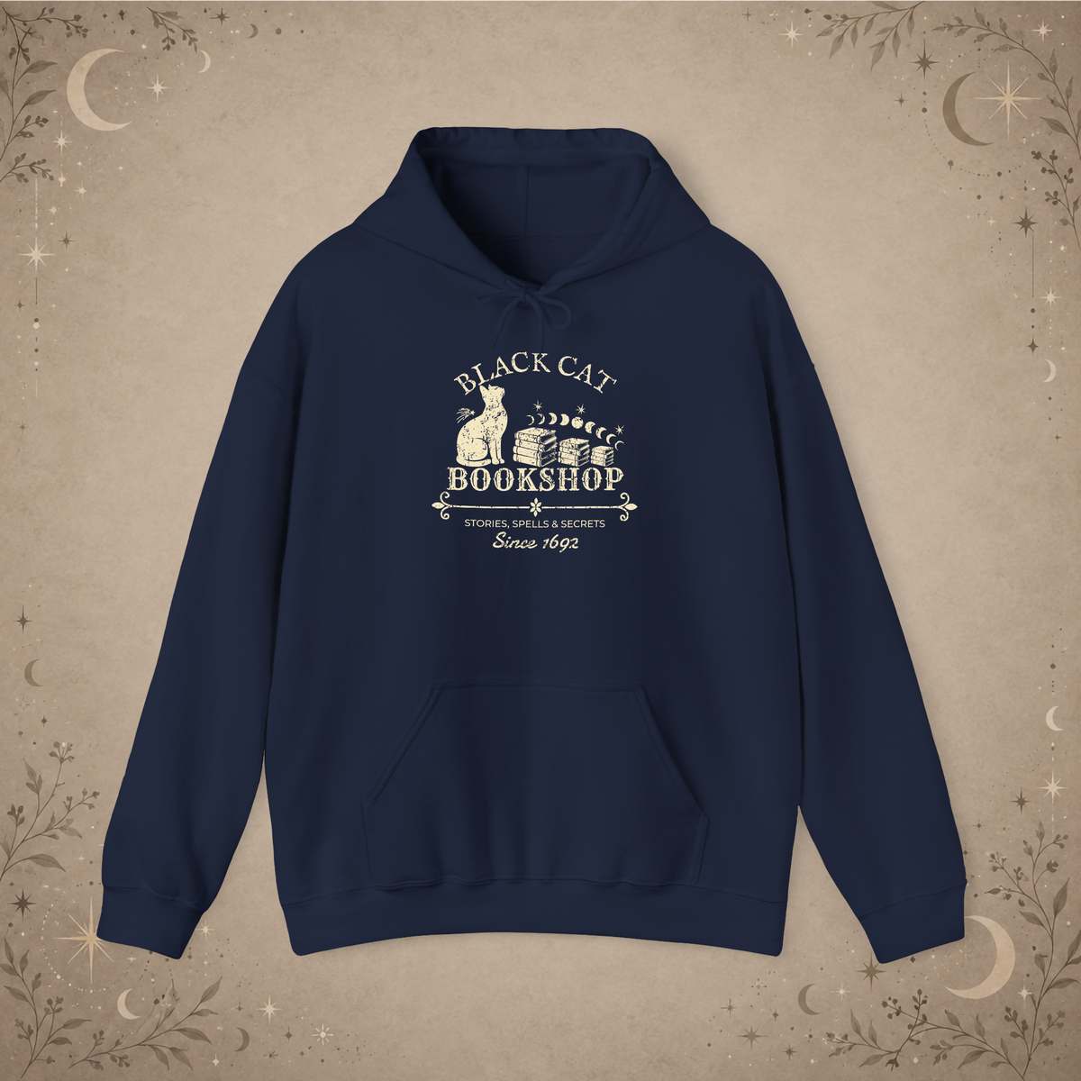 Black Cat Bookshop pullover hoodie in Navy, front view