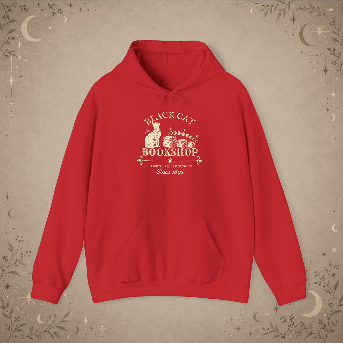 Black Cat Bookshop pullover hoodie in Red, front view