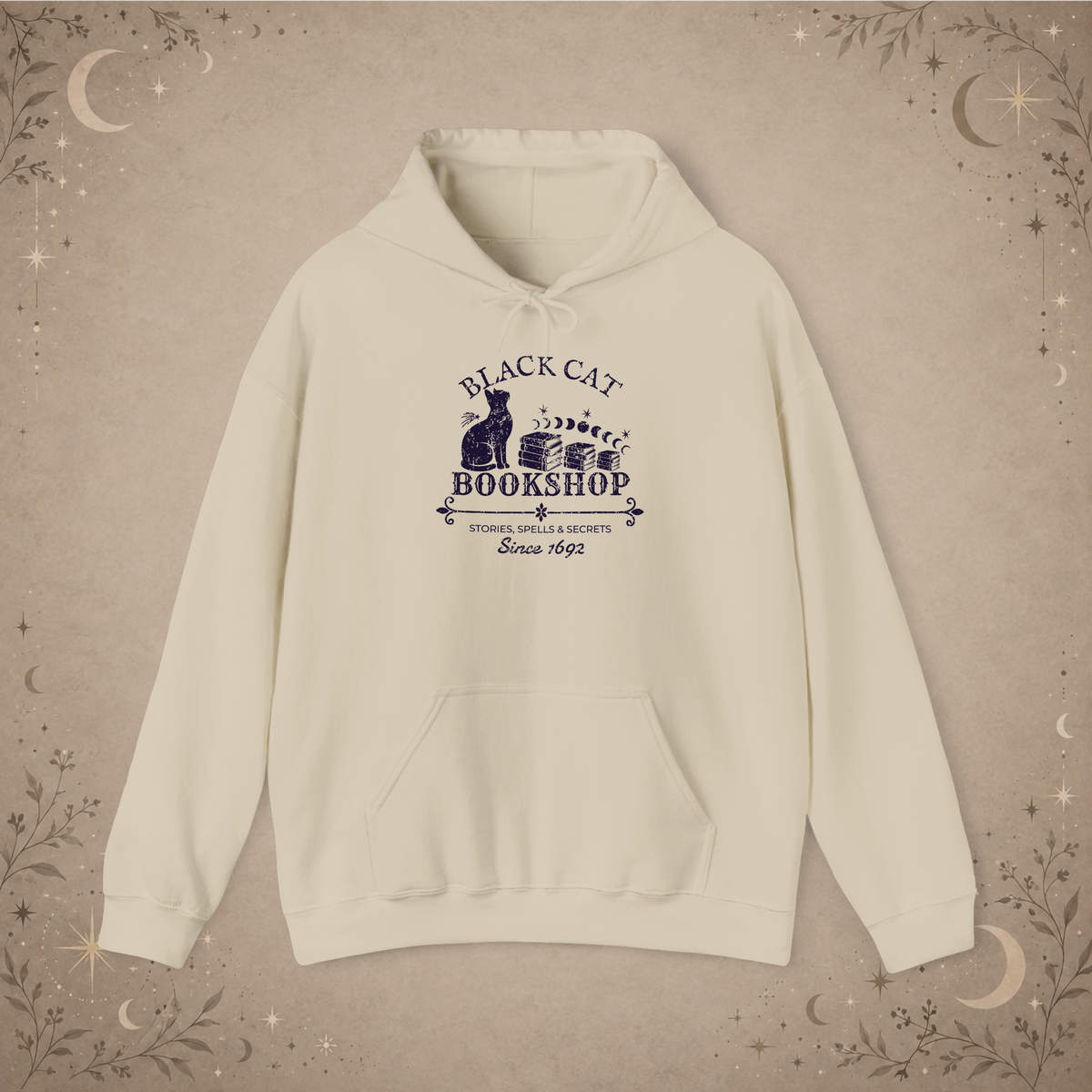 Black Cat Bookshop pullover hoodie in Sand, front view
