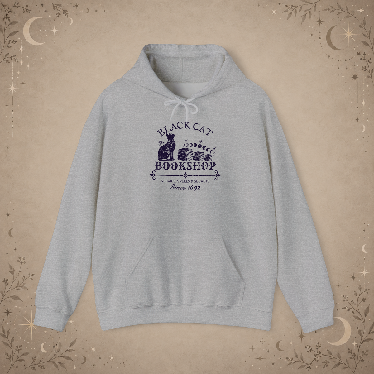 Black Cat Bookshop pullover hoodie in Sport Grey, front view