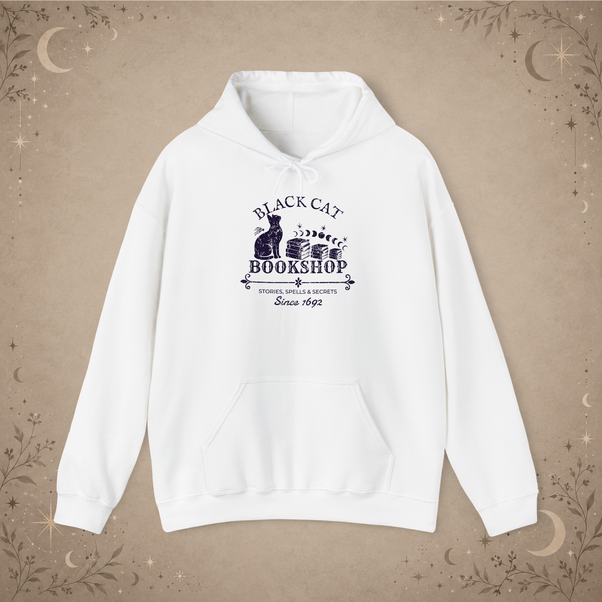 Black Cat Bookshop pullover hoodie in White, front view