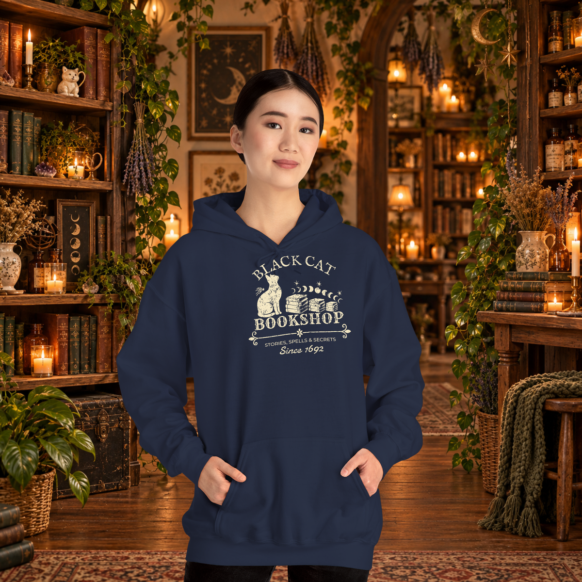 Black Cat Bookshop pullover hoodie in Navy, worn by a standing woman