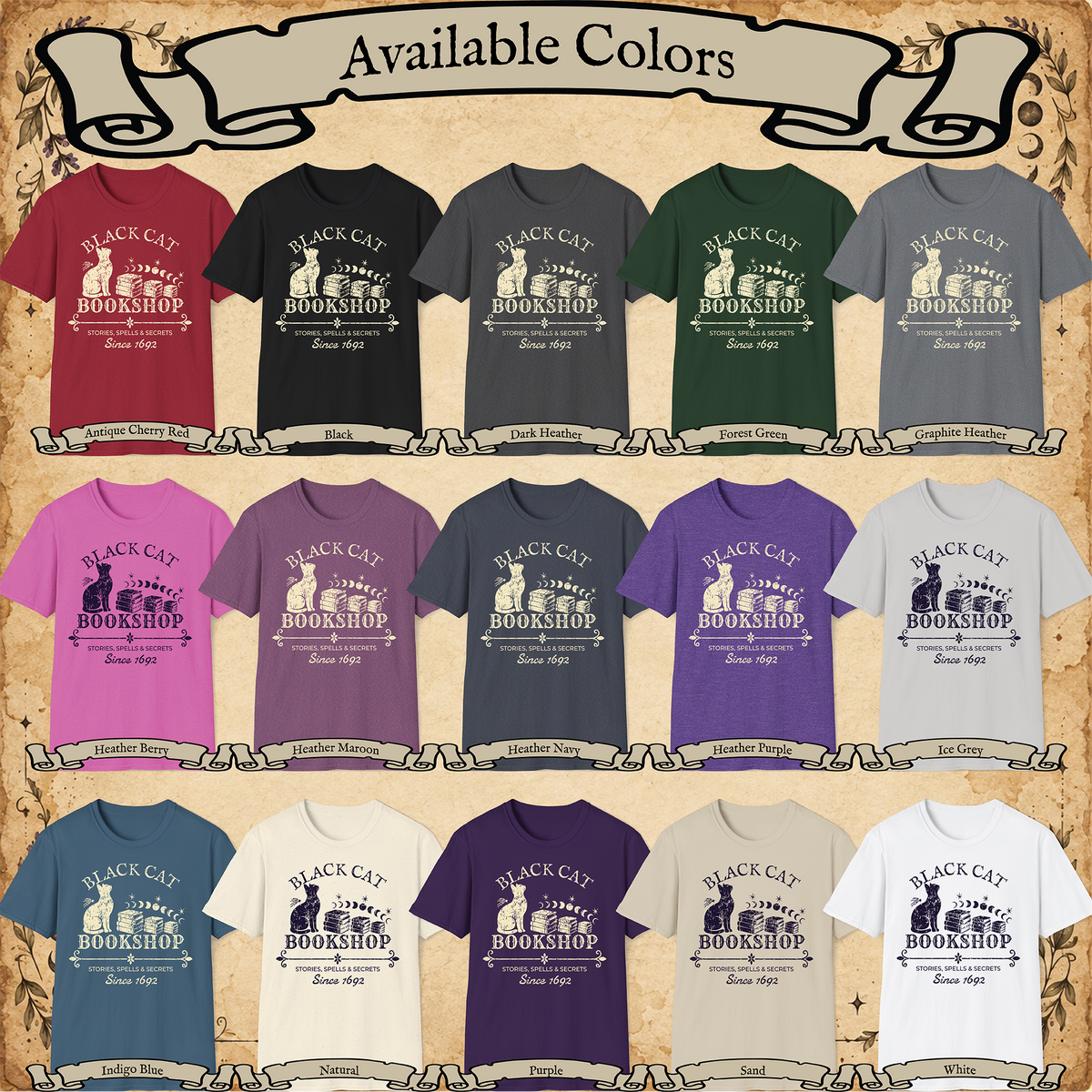Black Cat Bookshop graphic tee available colors