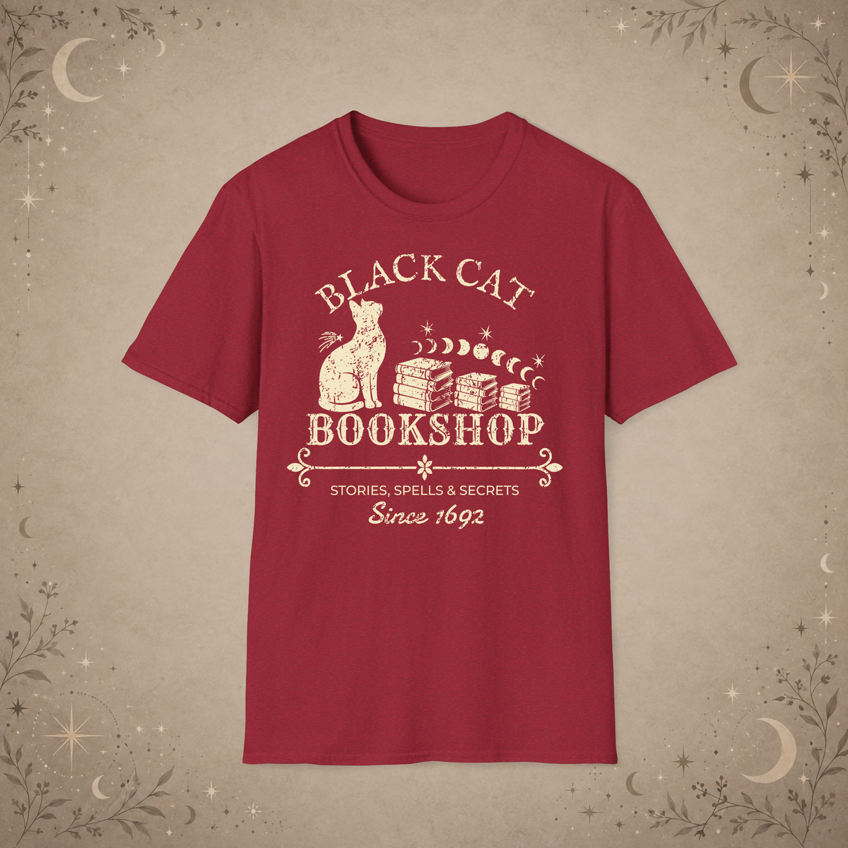 Black Cat Bookshop graphic tee in Antique Cherry Red
