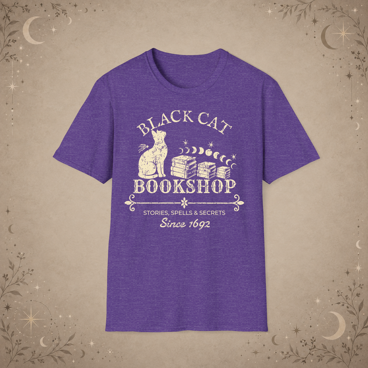 Black Cat Bookshop graphic tee in Heather Purple