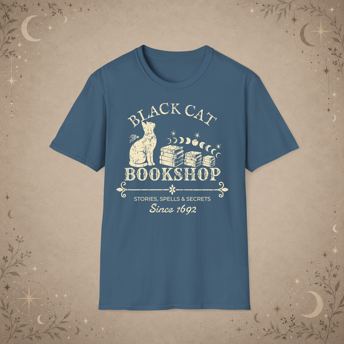 Black Cat Bookshop graphic tee in Indigo Blue