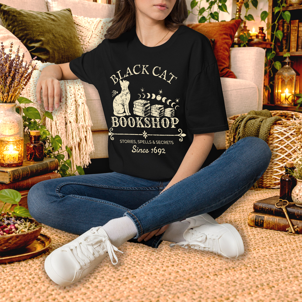 Black Cat Bookshop graphic tee lifestyle mockup