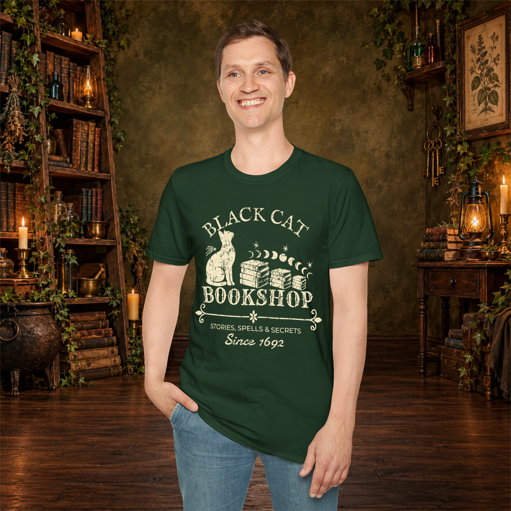 Black Cat Bookshop graphic tee on standing man