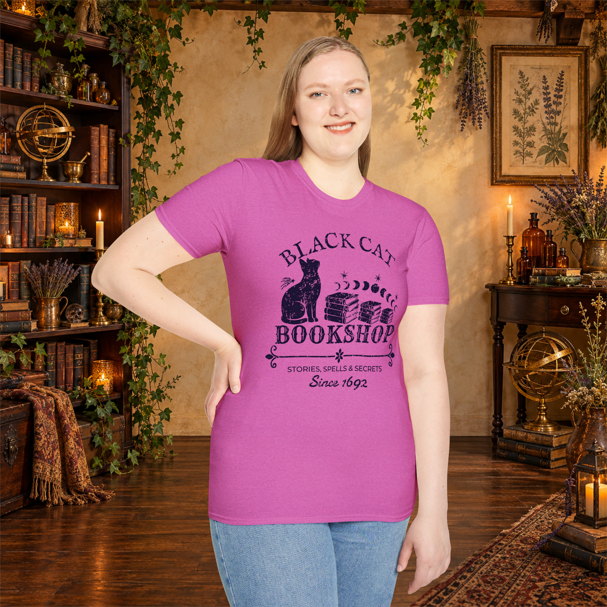Black Cat Bookshop graphic tee on standing woman