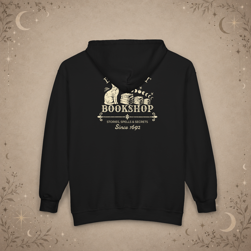 Black Cat Bookshop full-zip hoodie in Black, back view