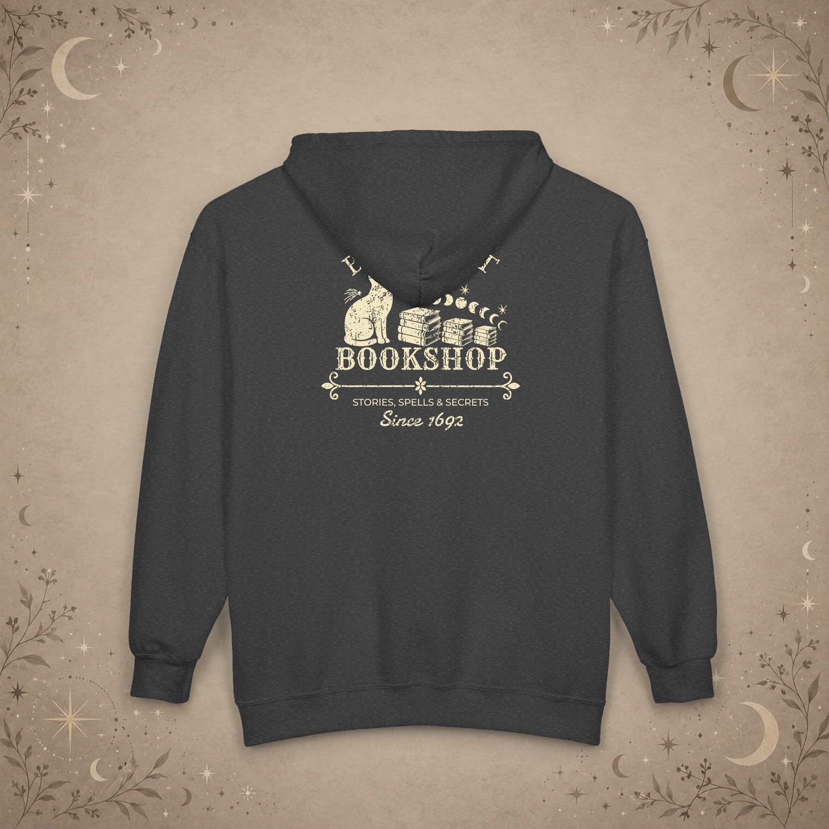 Black Cat Bookshop full-zip hoodie in Dark Heather, back view