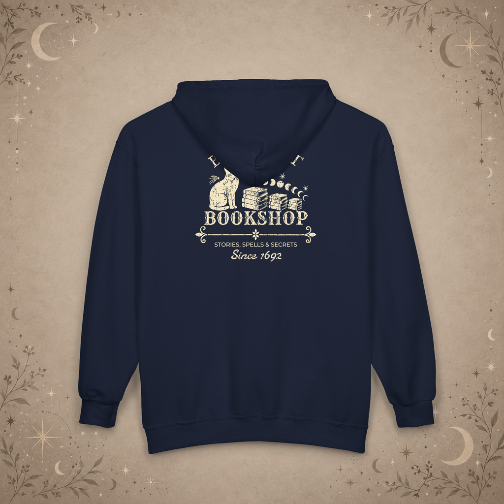 Black Cat Bookshop full-zip hoodie in Navy, back view