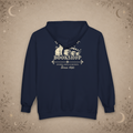 Black Cat Bookshop full-zip hoodie in Navy, back view