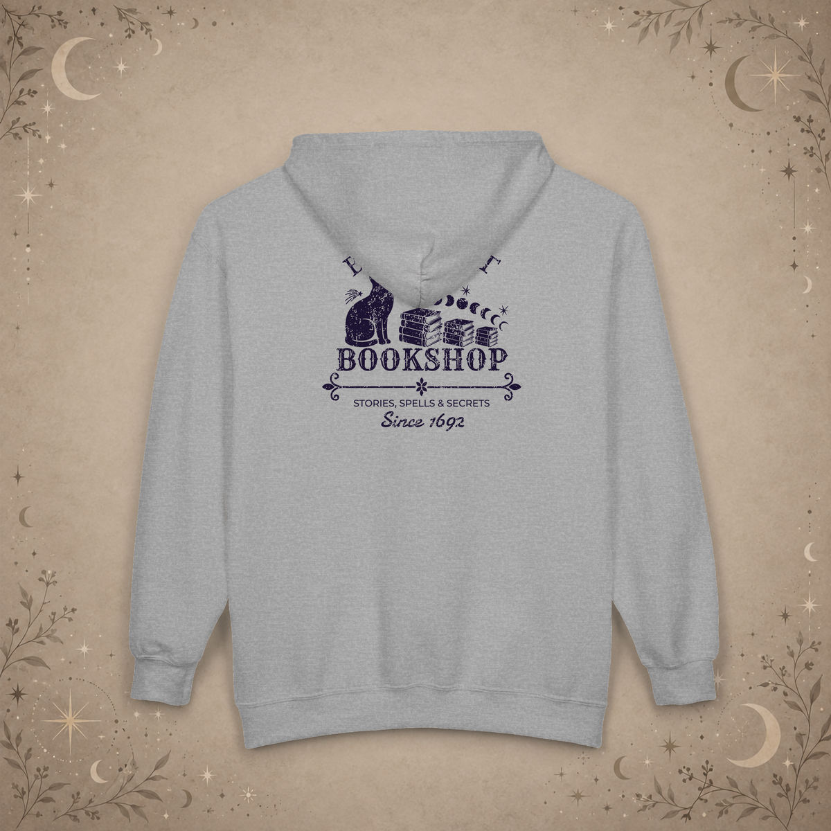 Black Cat Bookshop full-zip hoodie in Sport Grey, back view