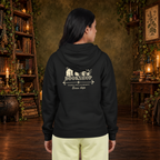 Black Cat Bookshop full-zip hoodie in Black, worn by a woman from the back