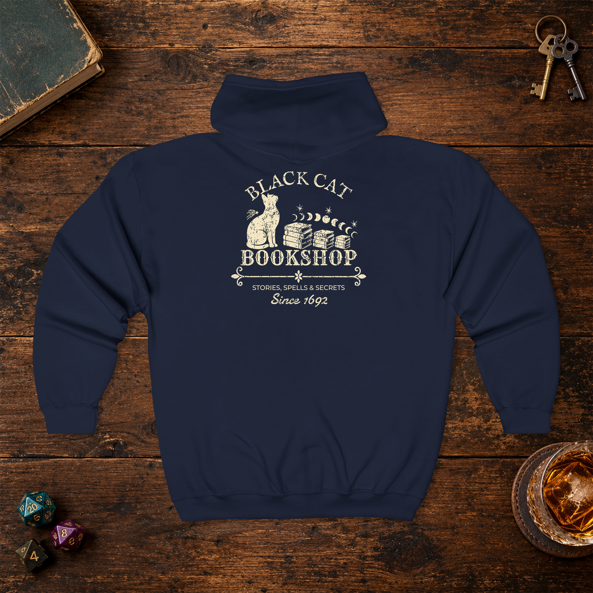 Black Cat Bookshop full-zip hoodie in Navy, back lay-flat mockup