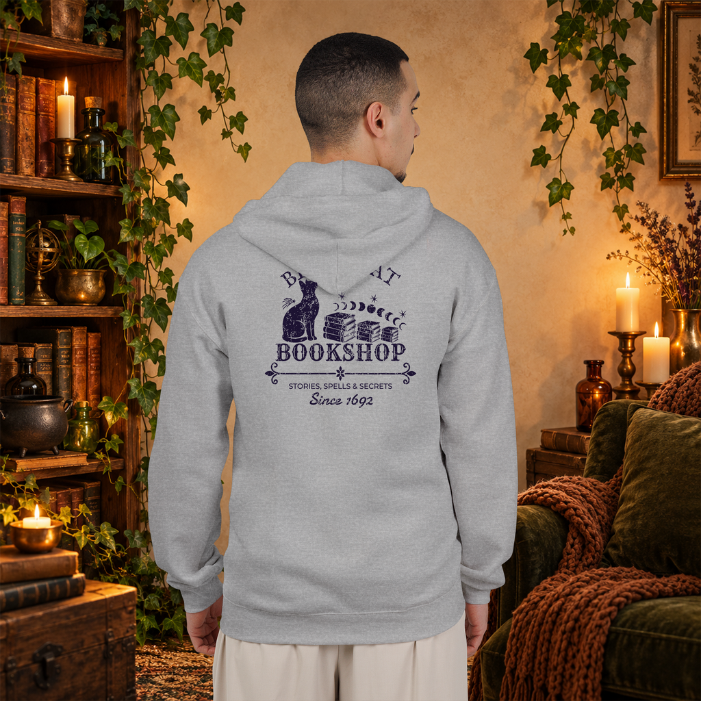 Black Cat Bookshop full-zip hoodie in Sport Grey, worn by a man from the back
