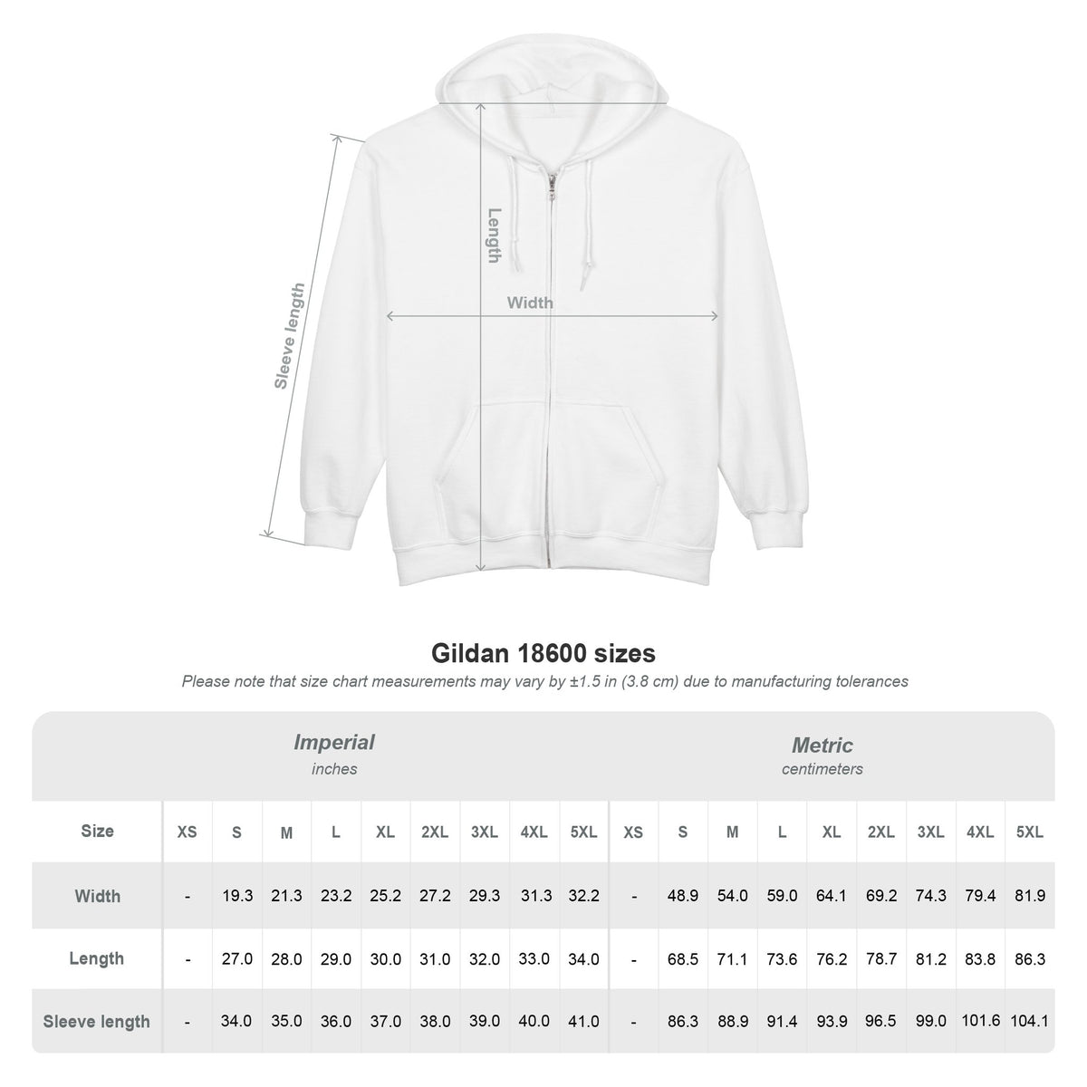 Broom and Bramble full-zip hoodie size chart
