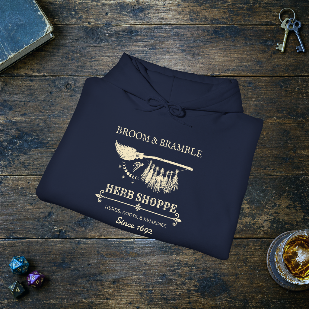 Broom and Bramble pullover hoodie in Navy, folded mockup