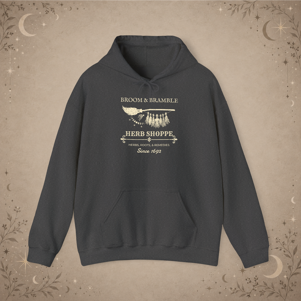 Broom and Bramble pullover hoodie in Dark Heather, front view