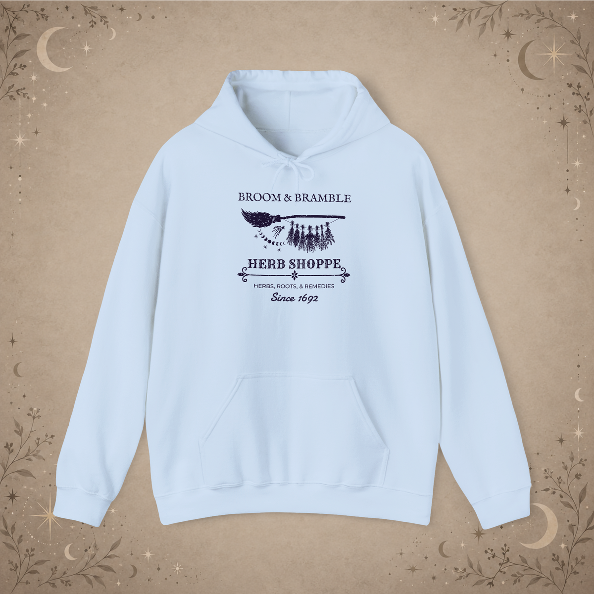 Broom and Bramble pullover hoodie in Light Blue, front view