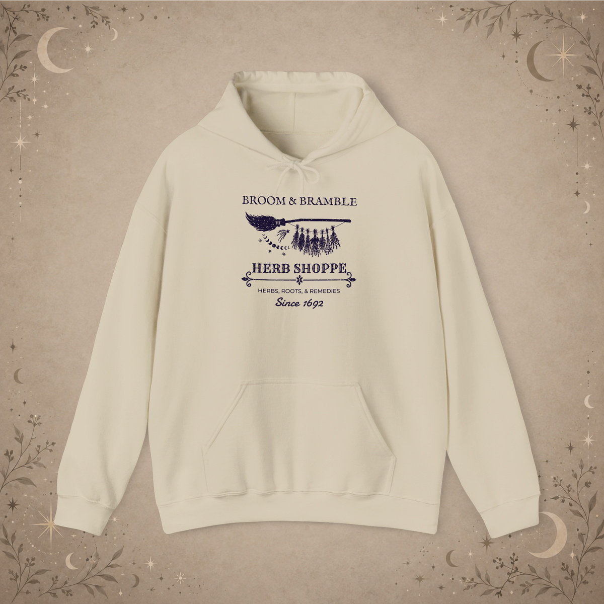 Broom and Bramble pullover hoodie in Sand, front view