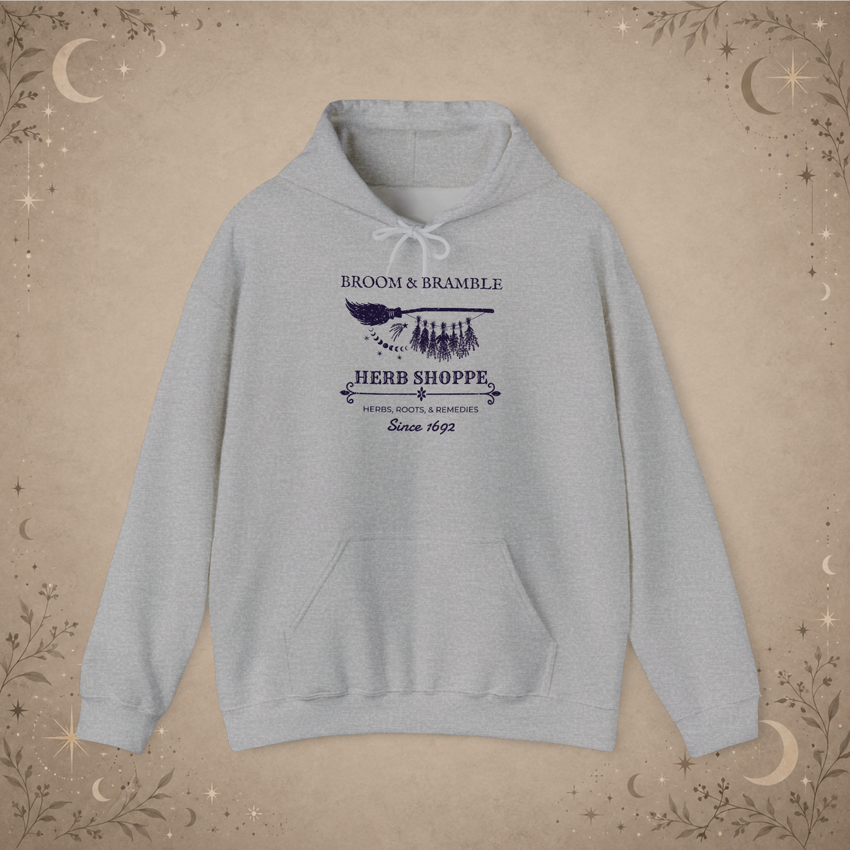 Broom and Bramble pullover hoodie in Sport Grey, front view