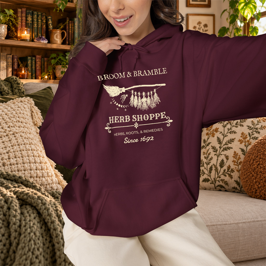 Broom and Bramble pullover hoodie in Maroon, lifestyle mockup