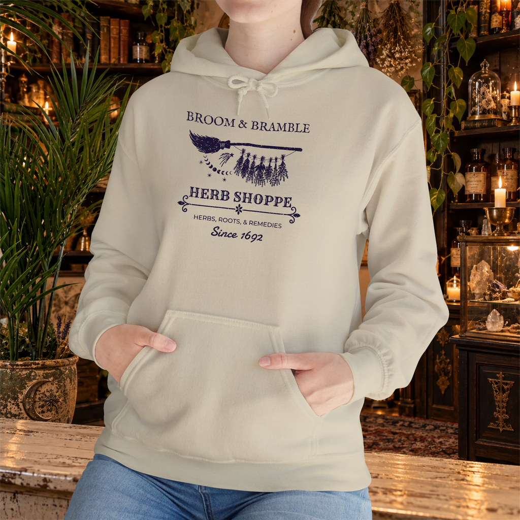 Broom and Bramble pullover hoodie in Sand, lifestyle mockup