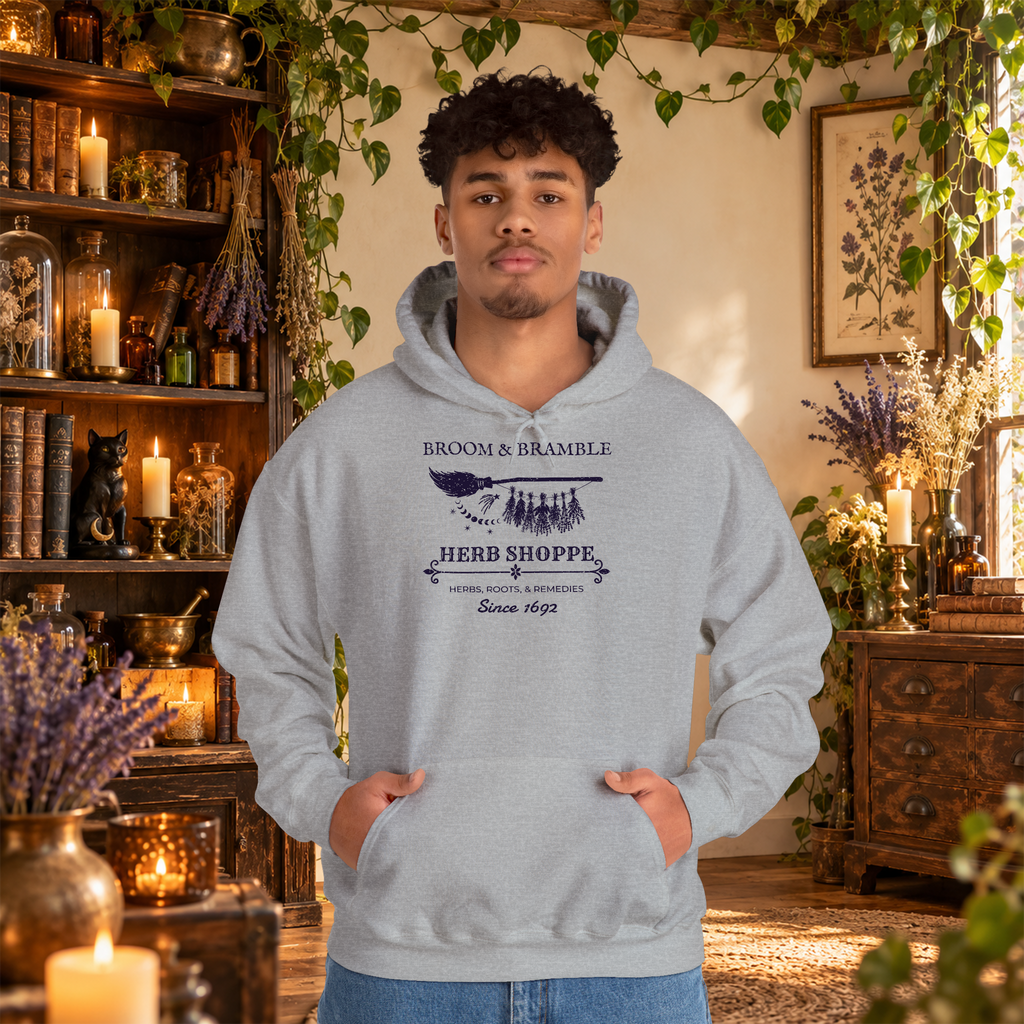 Broom and Bramble pullover hoodie in Sport Grey, worn by a standing man
