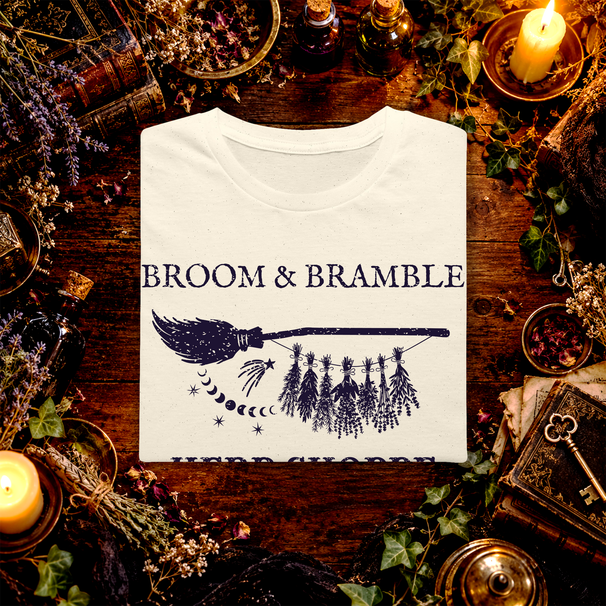 Broom and Bramble folded graphic tee mockup