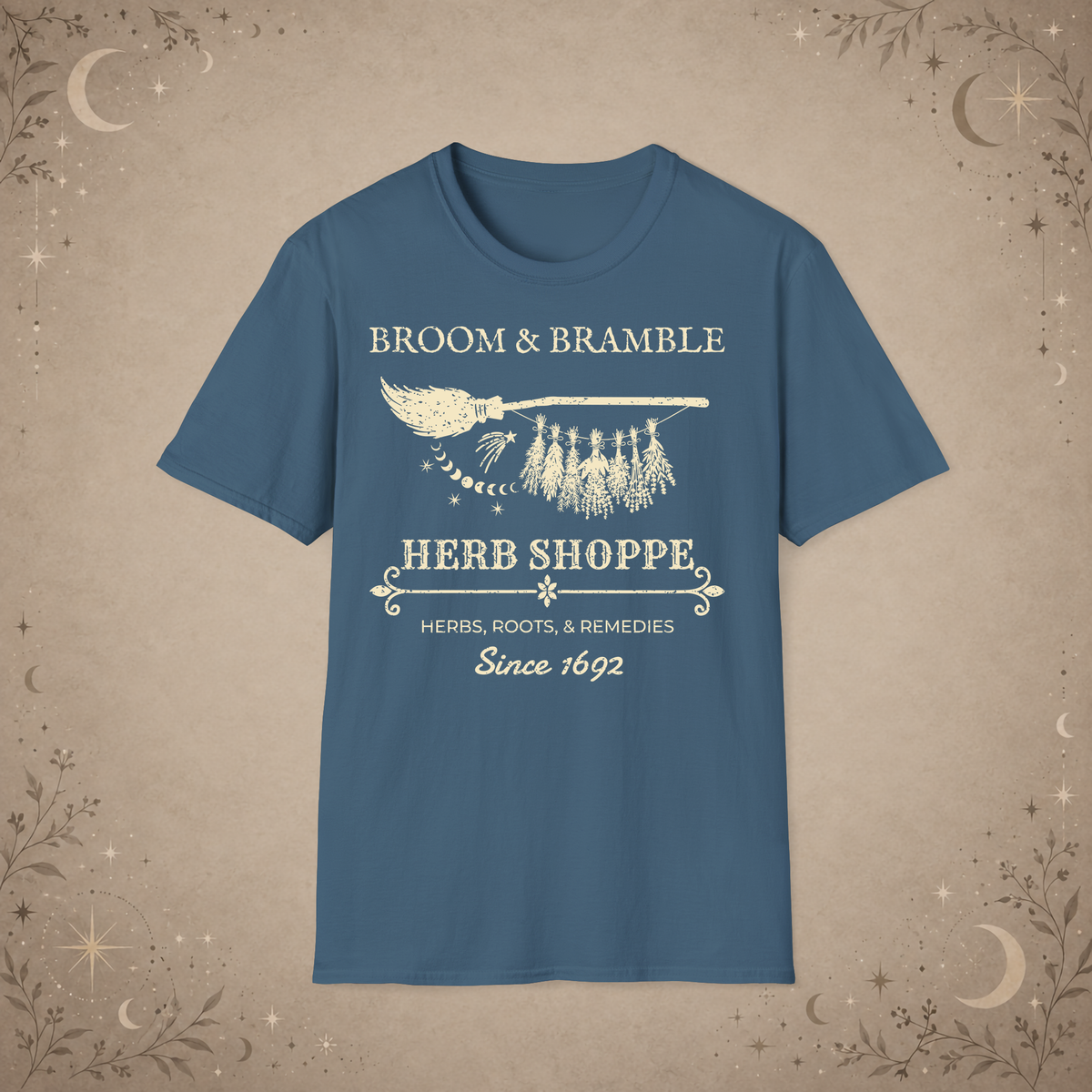 Broom and Bramble graphic tee in Indigo Blue