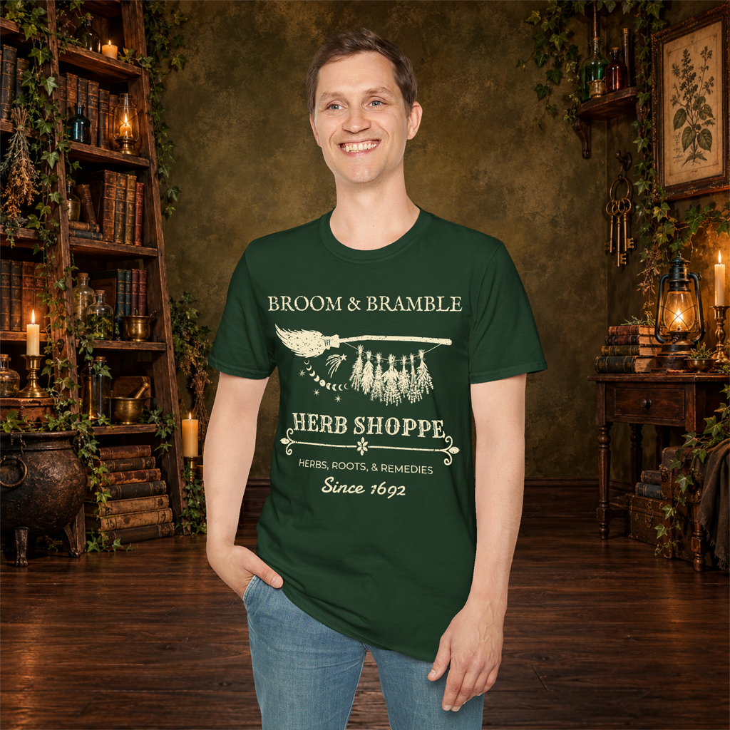 Broom and Bramble graphic tee on standing man