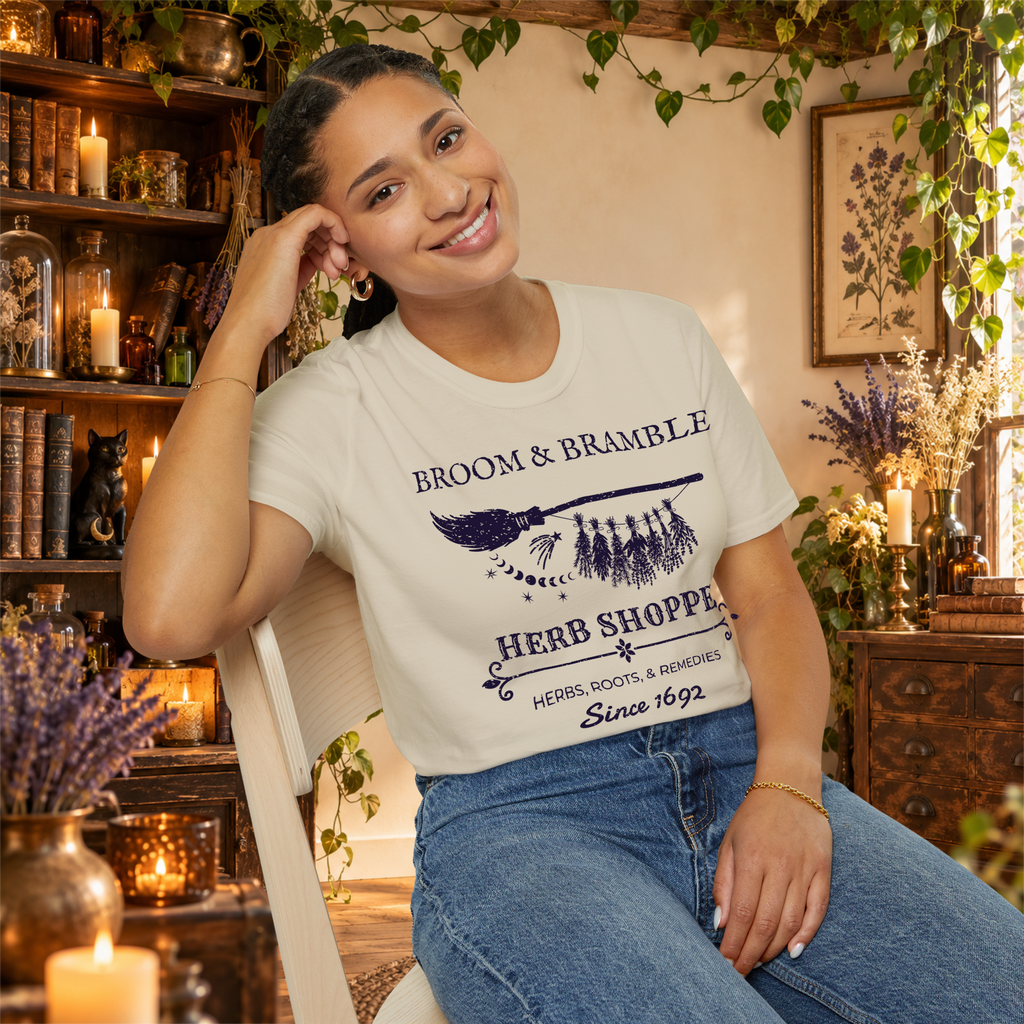 Broom and Bramble graphic tee on seated woman