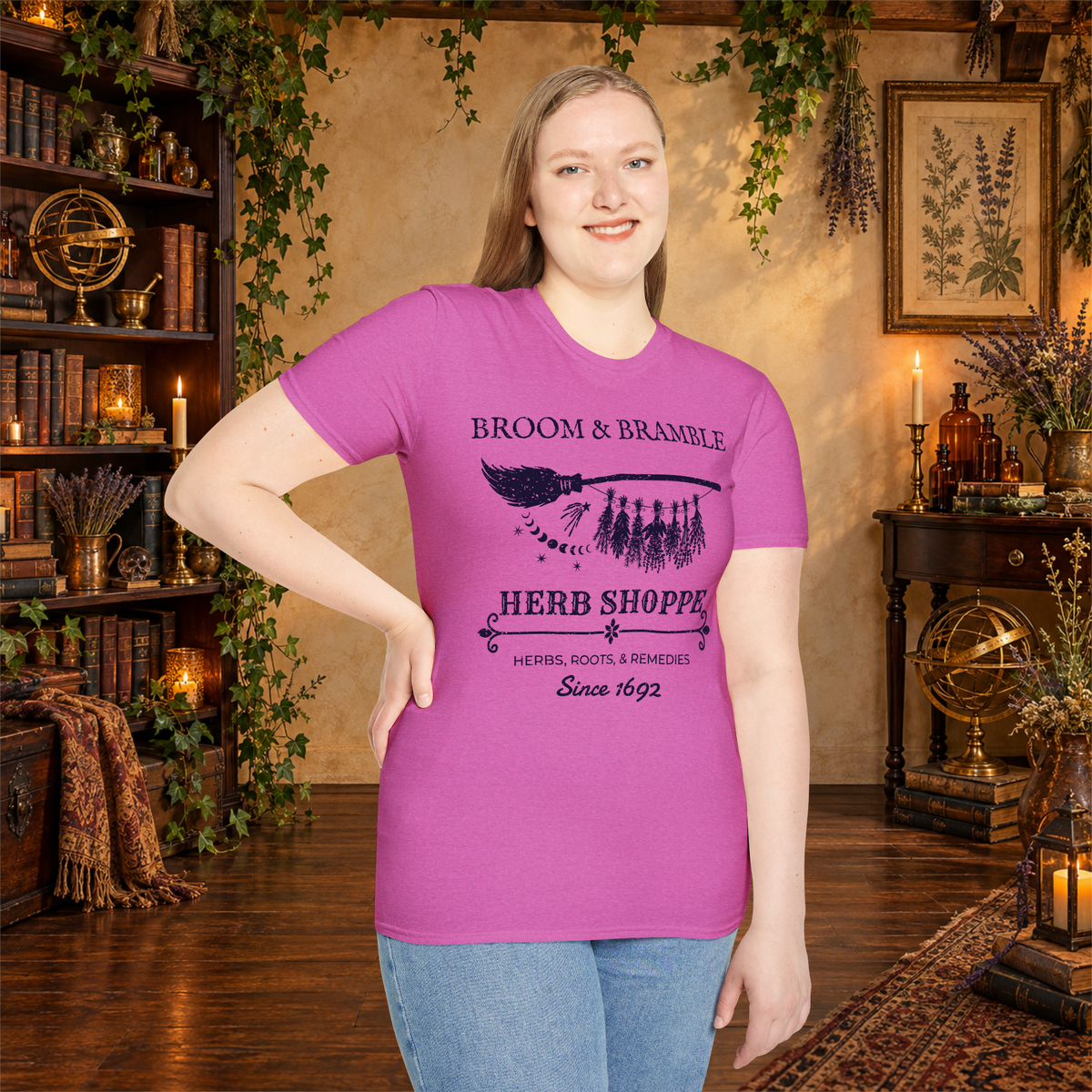 Broom and Bramble graphic tee on standing woman