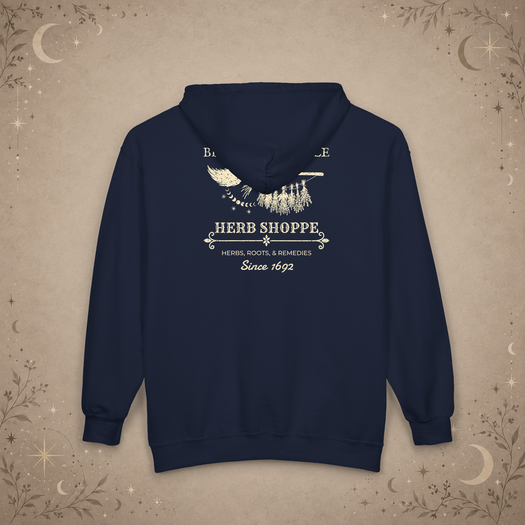Broom and Bramble full-zip hoodie in Navy, back view