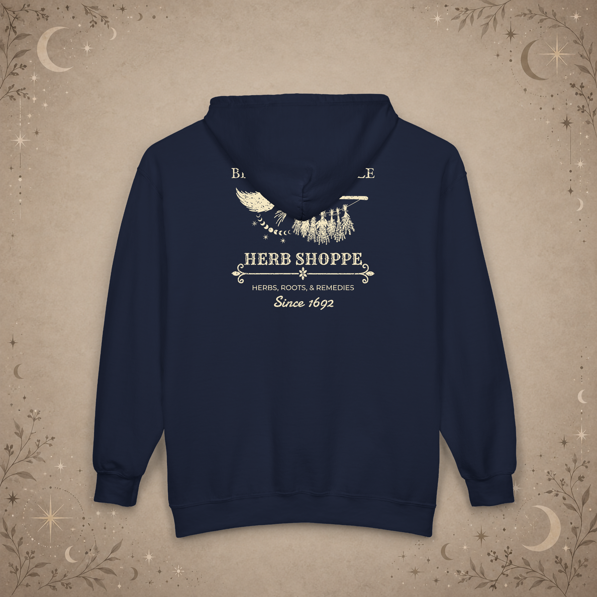 Broom and Bramble full-zip hoodie in Navy, back view