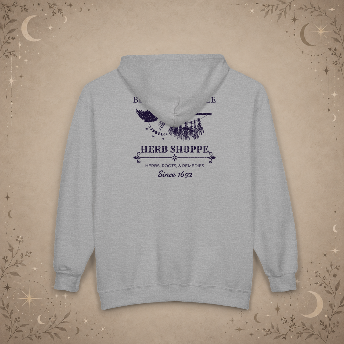 Broom and Bramble full-zip hoodie in Sport Grey, back view