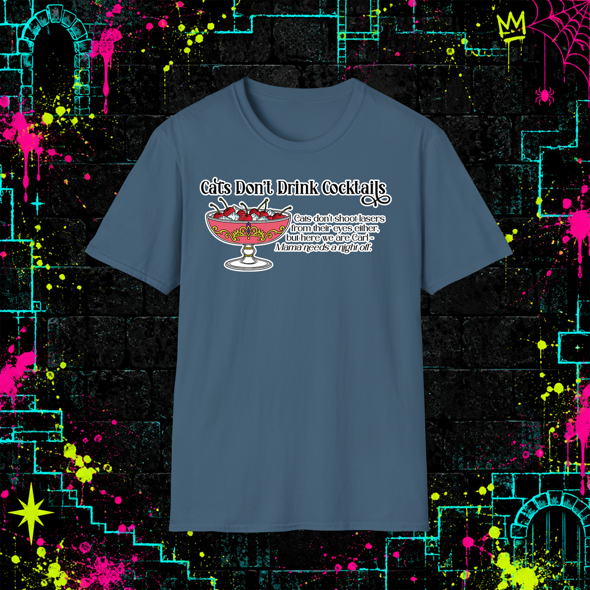 Cats Don’t Drink Cocktails graphic tee in Indigo Blue