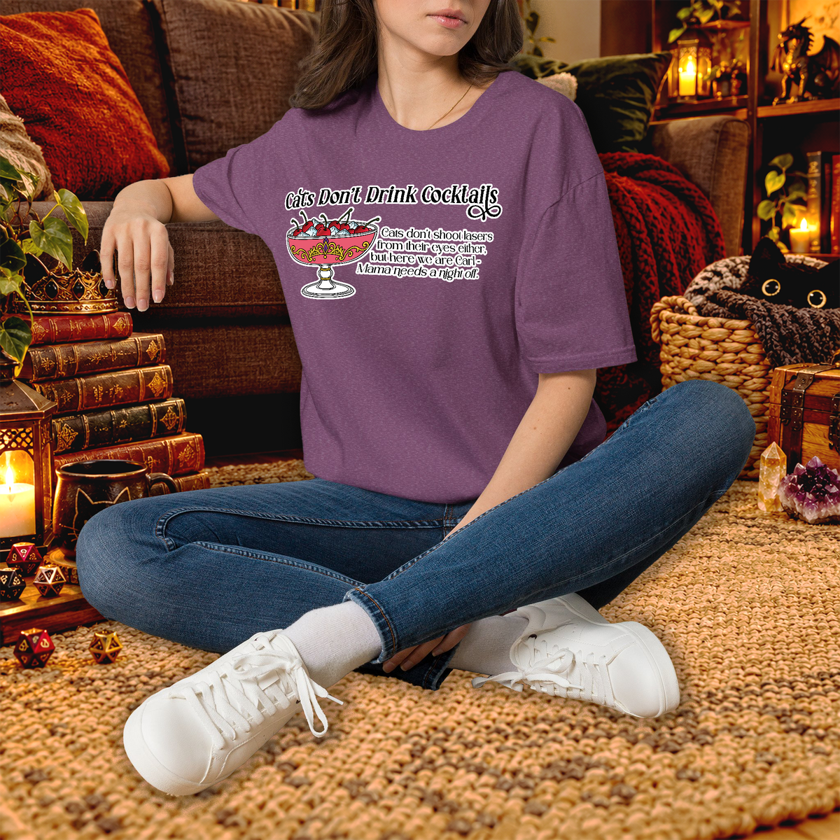 Cats Don’t Drink Cocktails graphic tee lifestyle mockup
