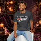 Cats Don’t Drink Cocktails graphic tee on seated man