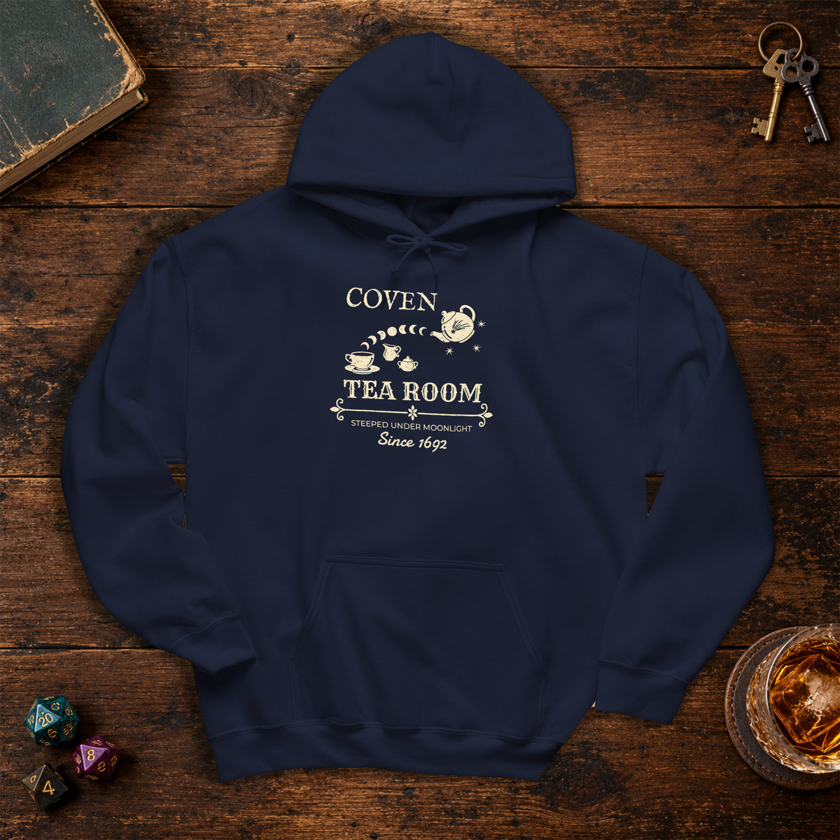 Coven Tea Room pullover hoodie in Navy, back lay-flat mockup