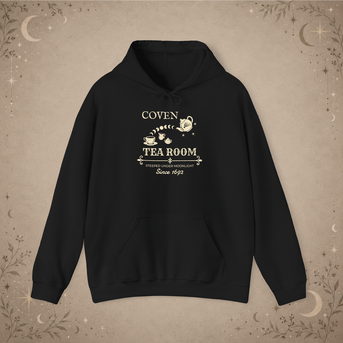 Coven Tea Room pullover hoodie in Black, front view