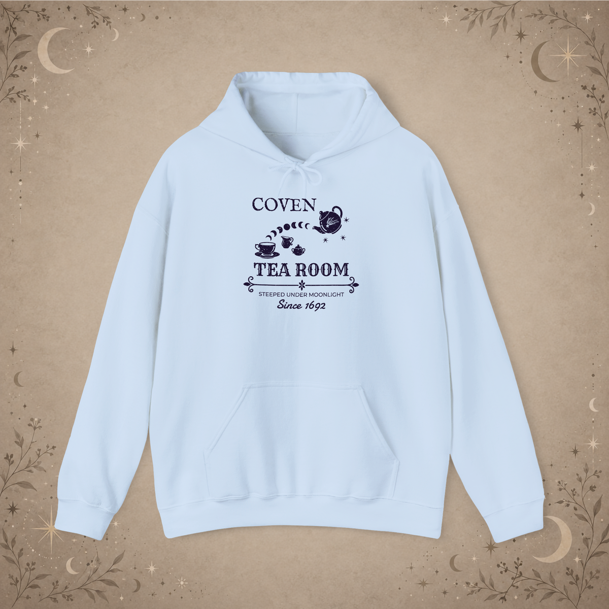 Coven Tea Room pullover hoodie in Light Blue, front view